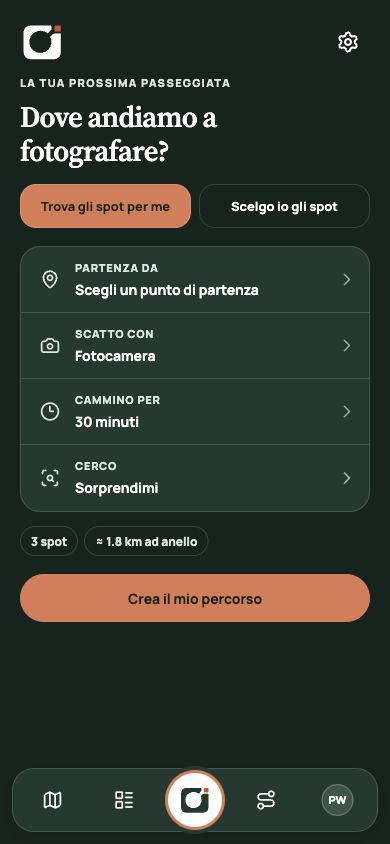 L’app PhotoWalk aggiornata: scelta della partenza, attrezzatura, tempo a piedi e soggetti.